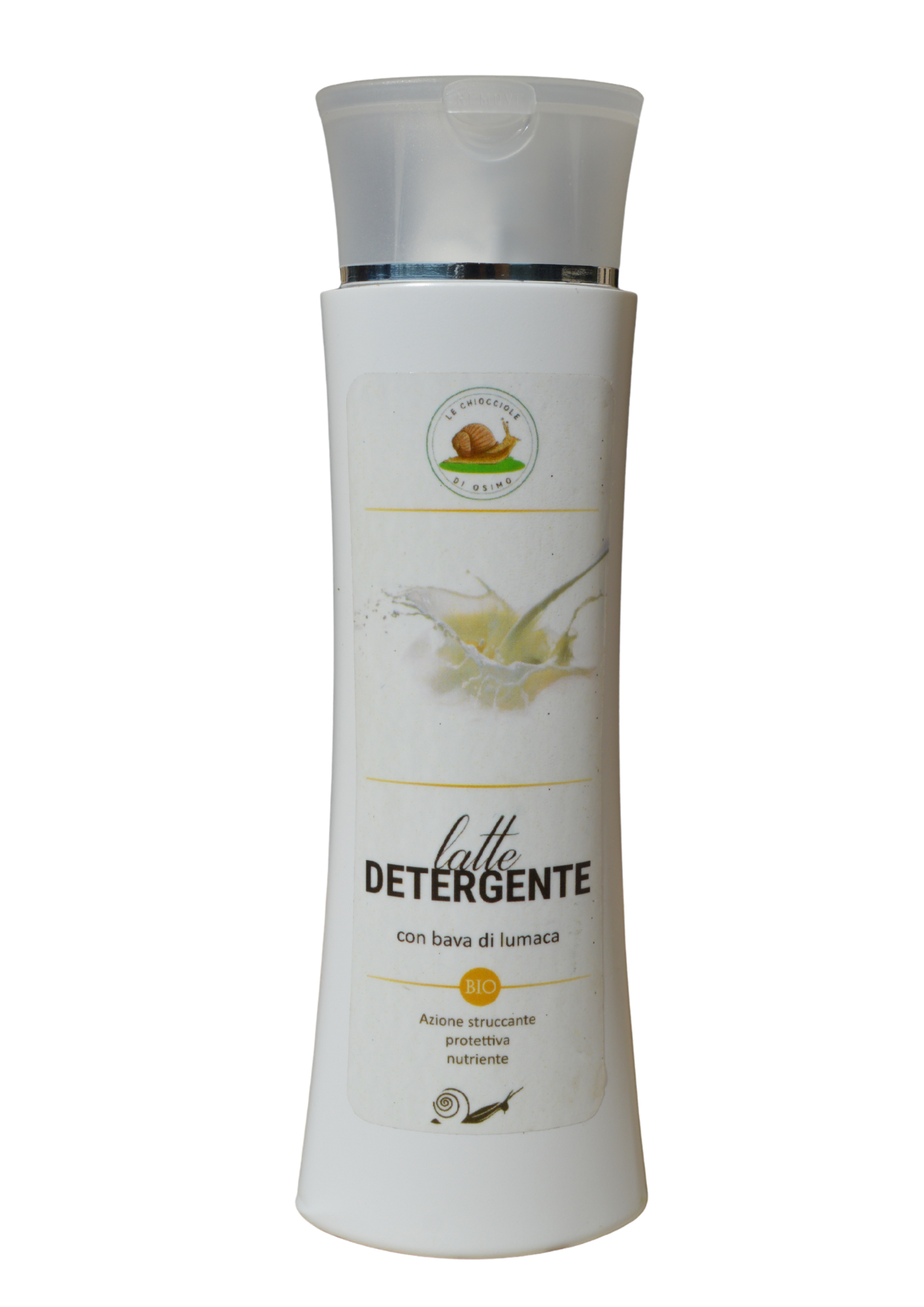 Latte detergente con bava di lumaca, oli naturali e vitamina E, deterge e idrata la pelle lasciandola luminosa